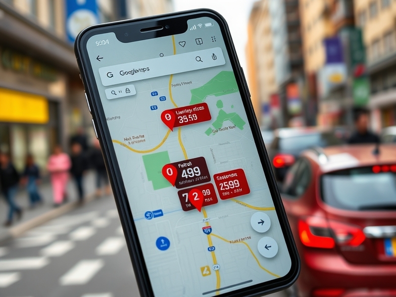 A screenshot of Google Maps displaying petrol stations with varying prices, showcasing a user-friendly interface.