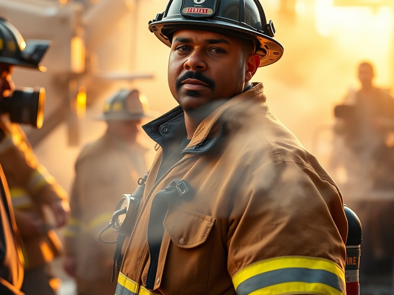 A vibrant portrait of Joe Minoso on the set of Chicago Fire, showcasing his character's firefighter uniform, with the backdro