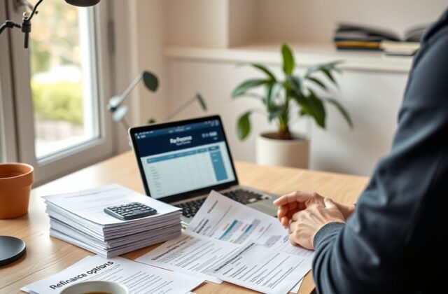 A visual representation of a family discussing mortgage options at a kitchen table, with financial documents and a calculator