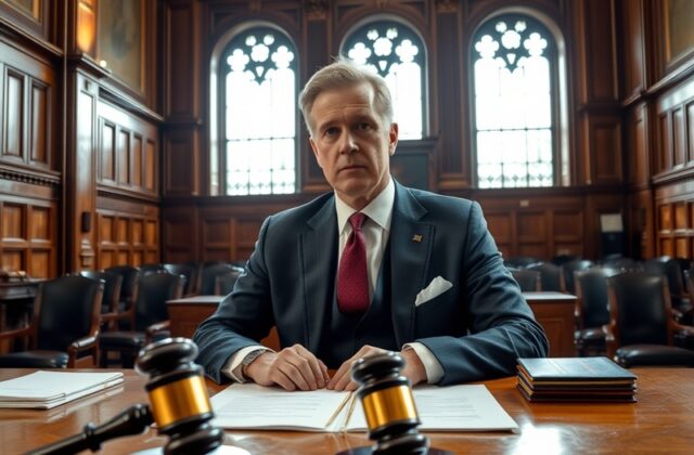 A courtroom scene depicting legal proceedings, with a focus on a gavel and legal documents, emphasizing the theme of justice