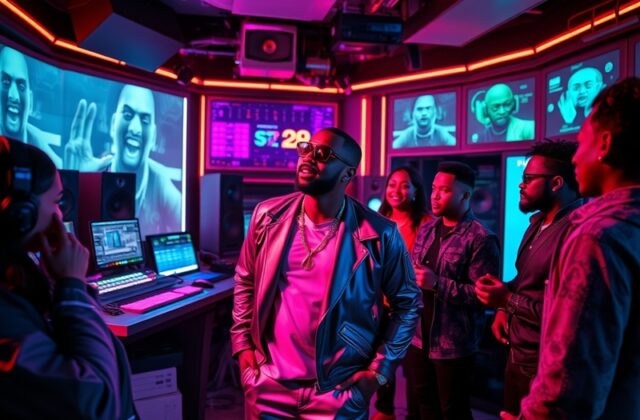 A dynamic image of Sean Combs in a recording studio, showcasing him in front of a microphone with vibrant lighting, capturing