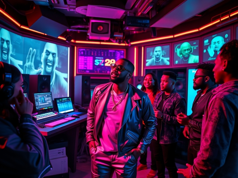 A dynamic image of Sean Combs in a recording studio, showcasing him in front of a microphone with vibrant lighting, capturing