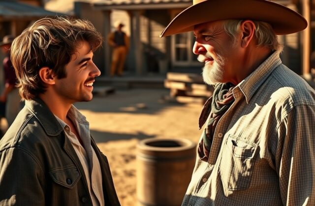 A candid shot of Luke Grimes and Kevin Costner on the set of 'Yellowstone', showcasing their intense expressions and the rugg