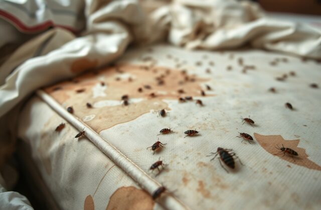 An image showing a close-up of a bed bug on a mattress, with a focus on its reddish-brown color and the texture of the fabric