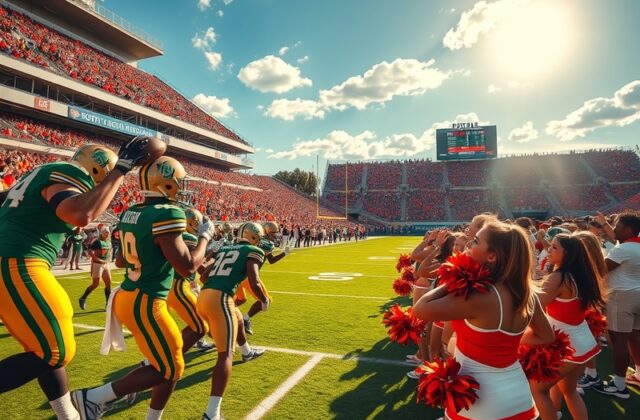 An action-packed image of a college football game featuring USF and UTSA players in vibrant uniforms, showcasing the intensit