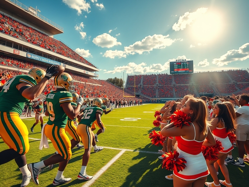 An action-packed image of a college football game featuring USF and UTSA players in vibrant uniforms, showcasing the intensit