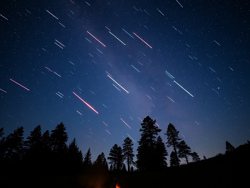 A stunning night sky filled with meteors from the Draconids meteor shower, showcasing bright streaks of light against a dark