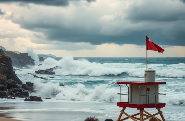 A serene beach scene showing clear blue waters with warning flags fluttering in the breeze, indicating potential hazards.