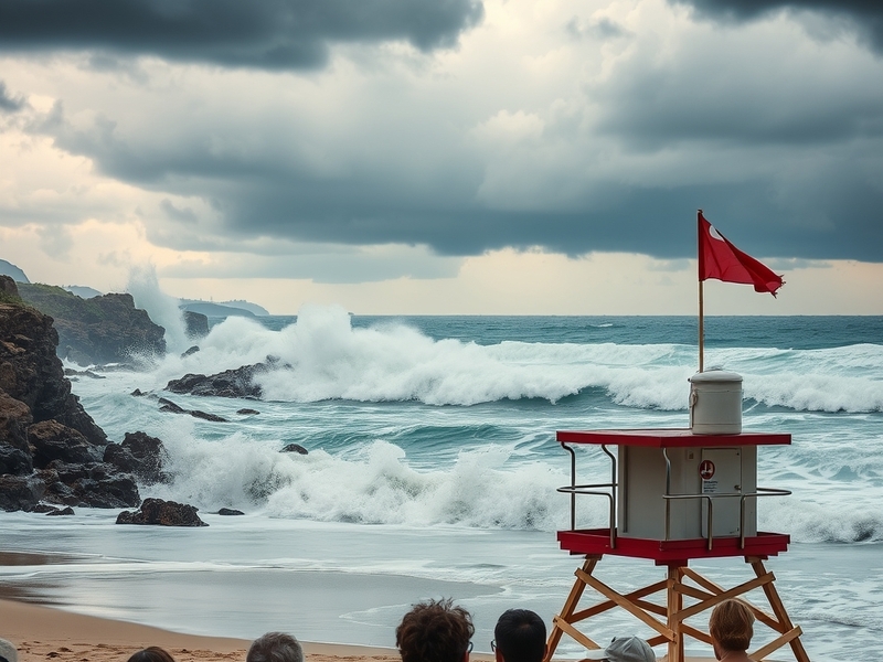 A serene beach scene showing clear blue waters with warning flags fluttering in the breeze, indicating potential hazards.