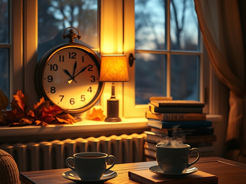 An illustration showing a clock with hands moving back, surrounded by seasonal imagery representing autumn, such as falling l