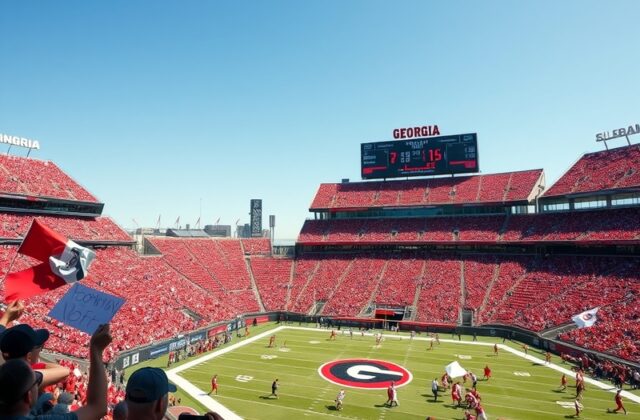 A vibrant scene of fans in team colors at a Georgia-Alabama football game, showcasing excitement and anticipation in the stad