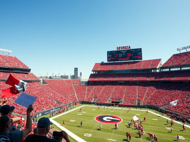 A vibrant scene of fans in team colors at a Georgia-Alabama football game, showcasing excitement and anticipation in the stad