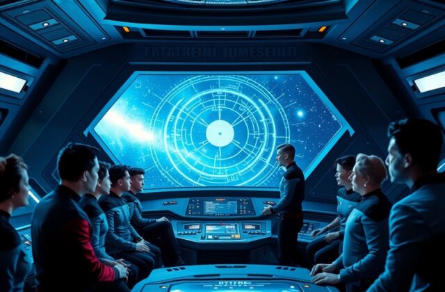 A vibrant collage of the USS Enterprise NX-01, featuring key characters like Captain Archer and T'Pol against a backdrop of s
