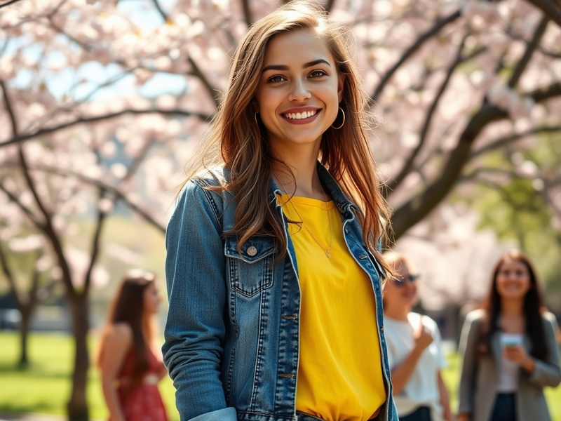 A portrait of Maddy Hill, smiling warmly, set against a vibrant backdrop that reflects her dynamic personality and artistic s