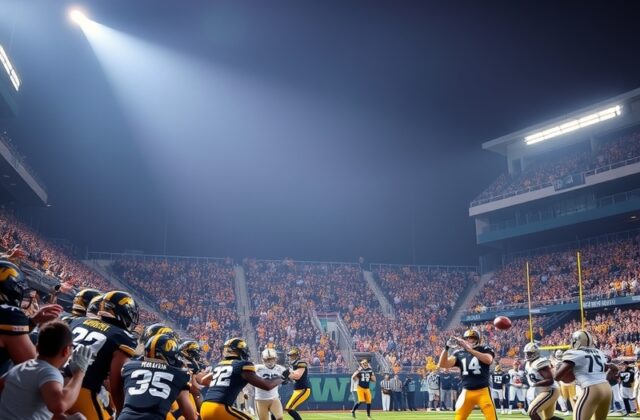 A vibrant scene from the Iowa vs Washington football game, showcasing fans in spirited attire, team colors, and the electric