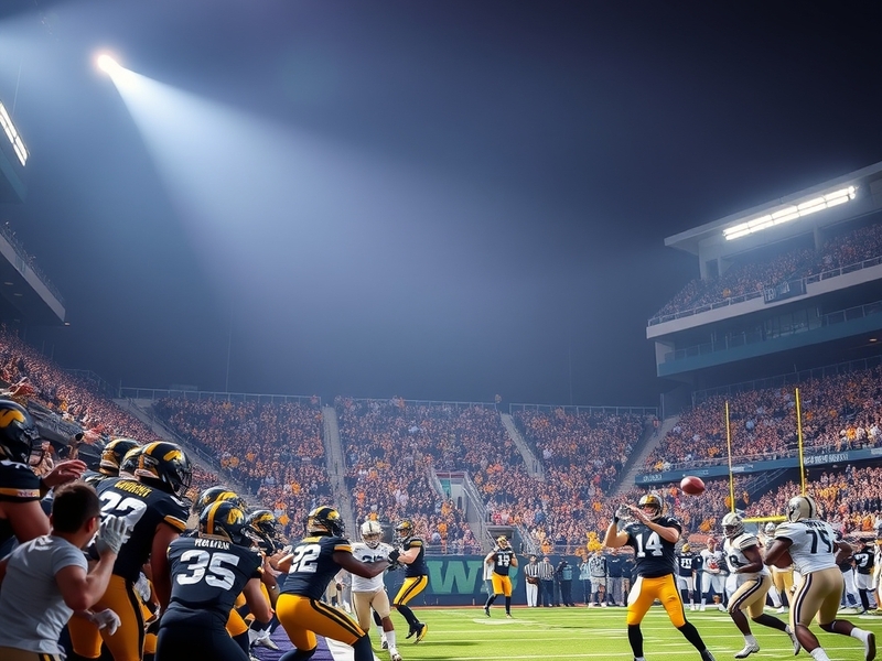 A vibrant scene from the Iowa vs Washington football game, showcasing fans in spirited attire, team colors, and the electric