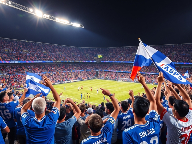 A vibrant match scene showing Málaga players celebrating a goal, with fans cheering in the stands, capturing the excitement a