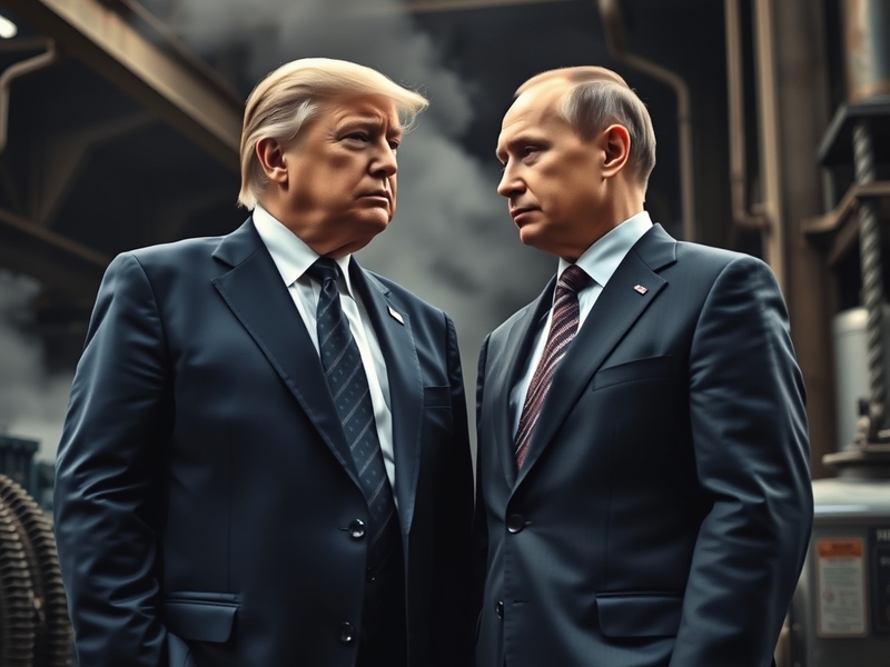 A visual representation of Trump and Putin shaking hands over a backdrop of oil rigs and diesel fuel tanks, symbolizing their