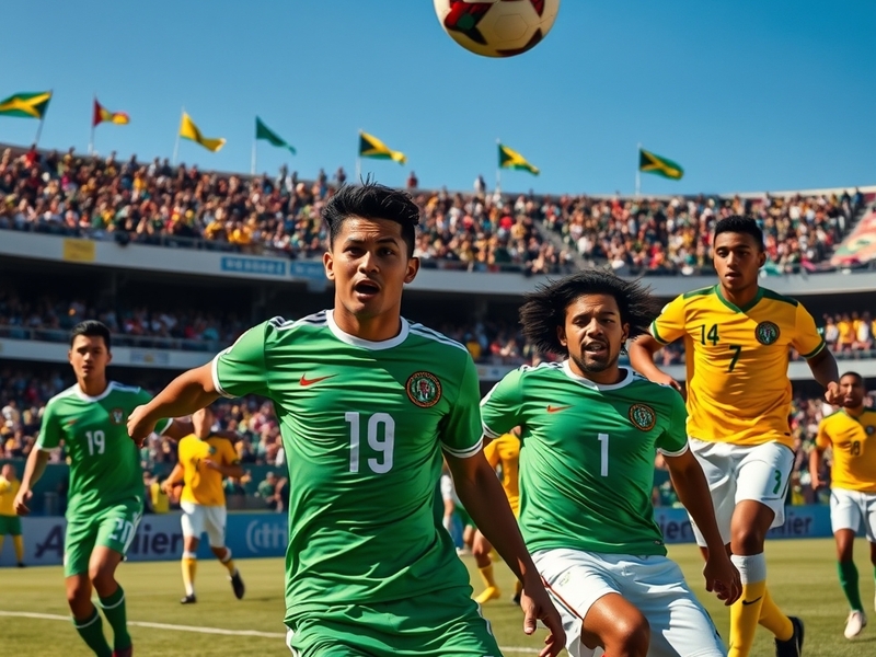 An action shot from a soccer match between Mexico and Jamaica, showcasing players in vibrant jerseys with fans cheering in th