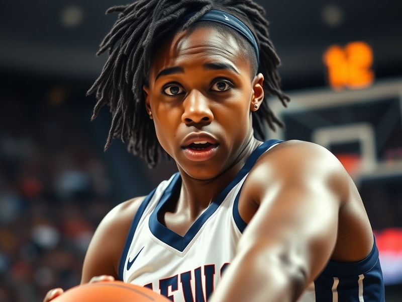 An action shot of Alisha Gray in a basketball game, showcasing her determination and athleticism, with fans cheering in the b
