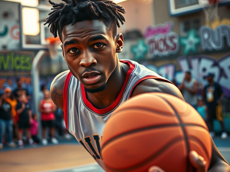 A dynamic action shot of Jaylen Raynor in a basketball game, showcasing his agility and focus on the court, with a cheering c