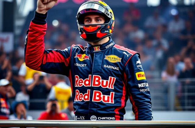 A tense moment from the Formula 1 race showing Max Verstappen in action, with blurred cars in the background to capture the s