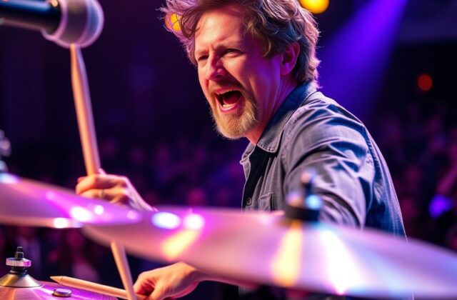 A dynamic image of Nick Hodgson performing live on stage, surrounded by vibrant lights and an enthusiastic crowd, capturing t