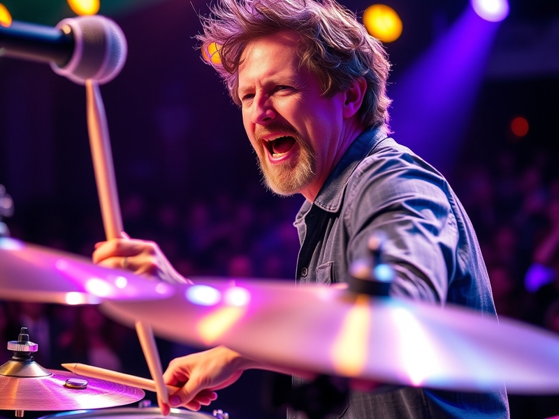 A dynamic image of Nick Hodgson performing live on stage, surrounded by vibrant lights and an enthusiastic crowd, capturing t