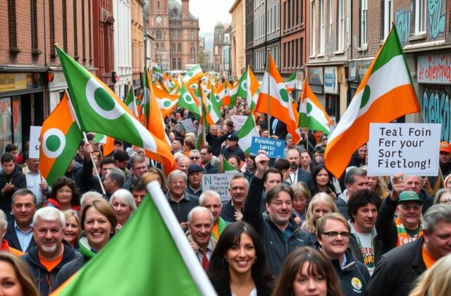 An image depicting a Sinn Féin rally, showcasing vibrant banners, enthusiastic supporters, and a backdrop of Irish flags.