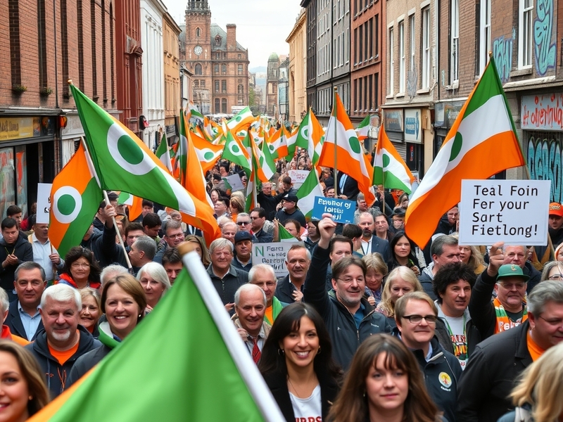 An image depicting a Sinn Féin rally, showcasing vibrant banners, enthusiastic supporters, and a backdrop of Irish flags.