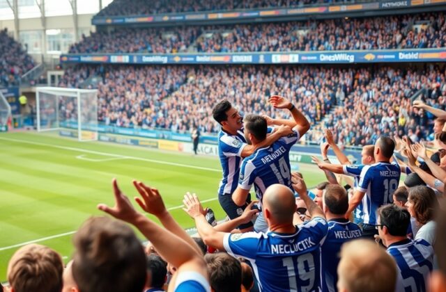 A vibrant scene from a West Brom vs Birmingham match, showing fans in team colors, flags waving, and intense expressions duri