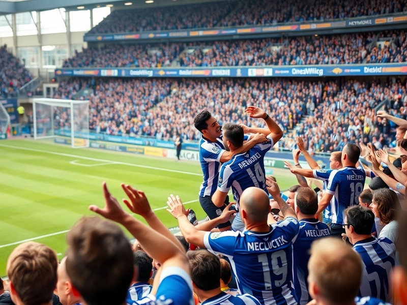 A vibrant scene from a West Brom vs Birmingham match, showing fans in team colors, flags waving, and intense expressions duri