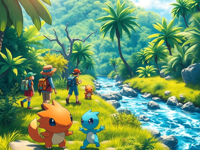 A vibrant illustration of Pokémon trainers battling in the Hoenn region, showcasing iconic Pokémon and the lush landscapes of