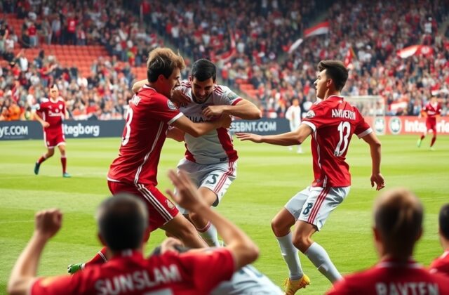 A vibrant image capturing the intensity of a Bundesliga match, featuring players from Augsburg and Bayern Munich in action on