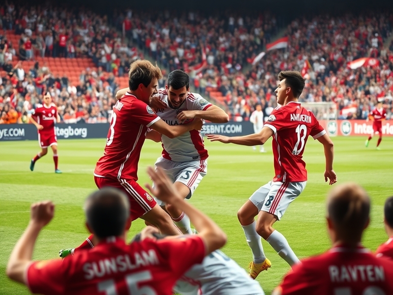 A vibrant image capturing the intensity of a Bundesliga match, featuring players from Augsburg and Bayern Munich in action on