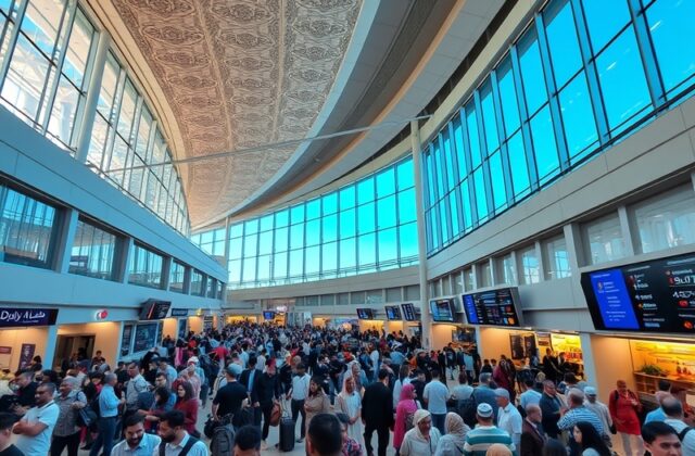 A panoramic view of King Khalid International Airport showcasing its modern architecture, bustling terminals, and surrounding
