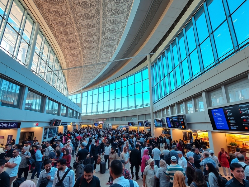 A panoramic view of King Khalid International Airport showcasing its modern architecture, bustling terminals, and surrounding