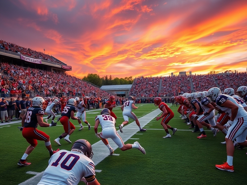 An action shot of a football game featuring Ball State and Northwestern players on the field, showcasing intense competition