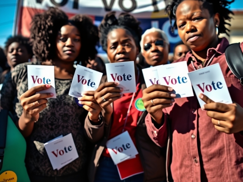 A diverse group of voters casting their ballots in a polling station, capturing the essence of civic duty and democratic part