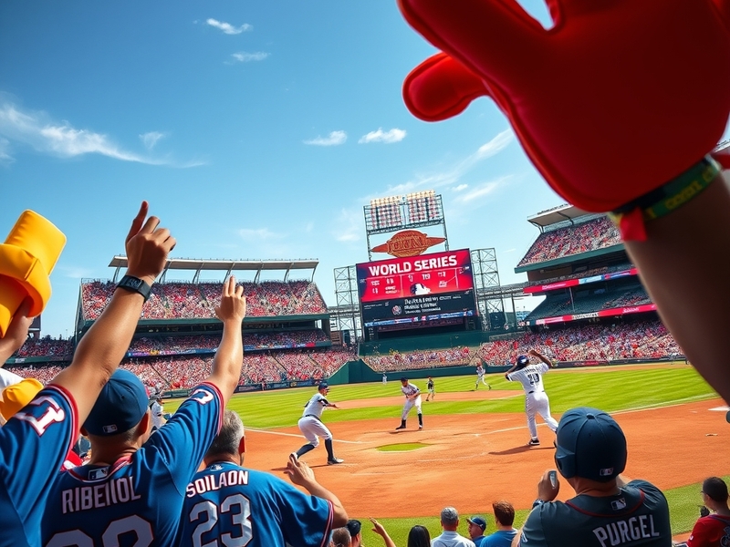 A lively baseball stadium filled with enthusiastic fans, showcasing team colors, banners, and the iconic World Series logo.