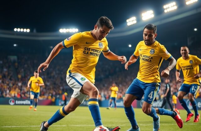 Una imagen vibrante de un partido entre Club América y Monterrey, mostrando a los jugadores en acción, aficionados animando,