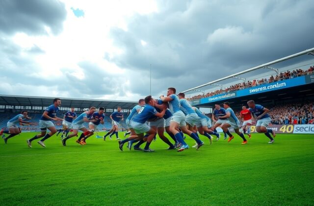A vibrant image of Swansea RFC's home ground filled with passionate fans waving flags, set against a clear blue sky during a