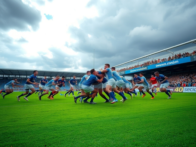 A vibrant image of Swansea RFC's home ground filled with passionate fans waving flags, set against a clear blue sky during a