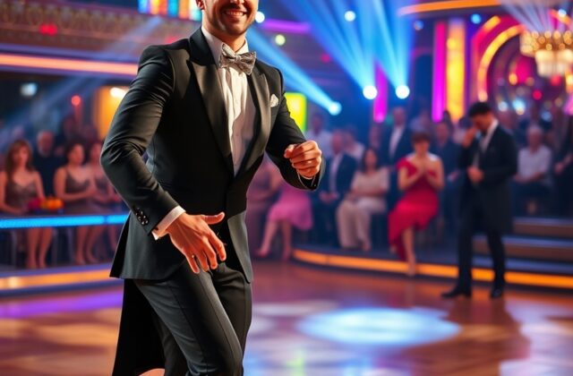 A vibrant image of Shaun dancing on stage, surrounded by bright lights and an enthusiastic audience, capturing the energy and