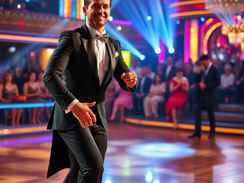 A vibrant image of Shaun dancing on stage, surrounded by bright lights and an enthusiastic audience, capturing the energy and