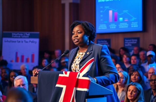 A thoughtful portrait of Kemi Badenoch in a government setting, surrounded by documents and financial charts, conveying a sen