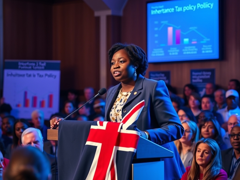 A thoughtful portrait of Kemi Badenoch in a government setting, surrounded by documents and financial charts, conveying a sen