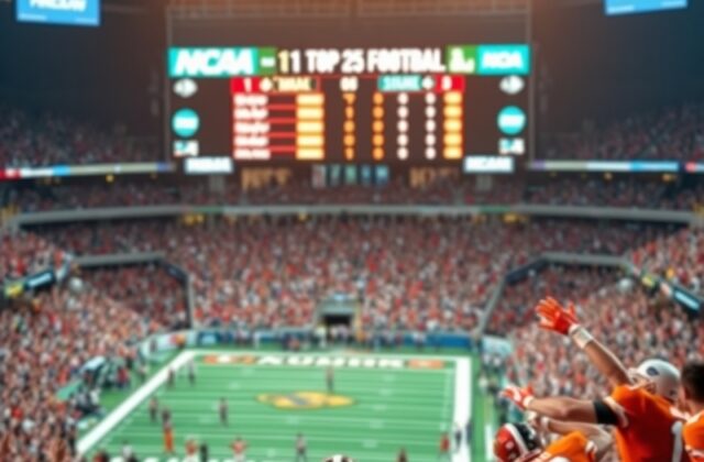 A dynamic collage featuring college football players in action, stadium crowds cheering, and scoreboard displays highlighting