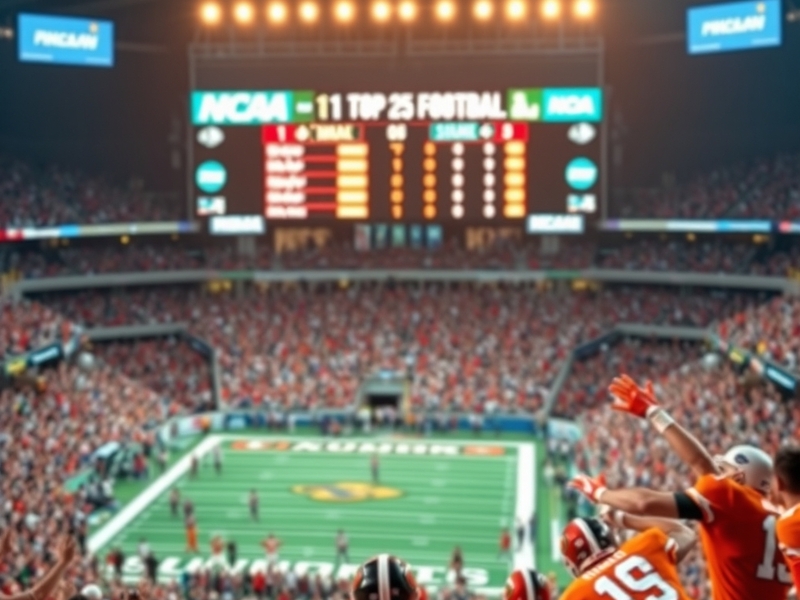 A dynamic collage featuring college football players in action, stadium crowds cheering, and scoreboard displays highlighting