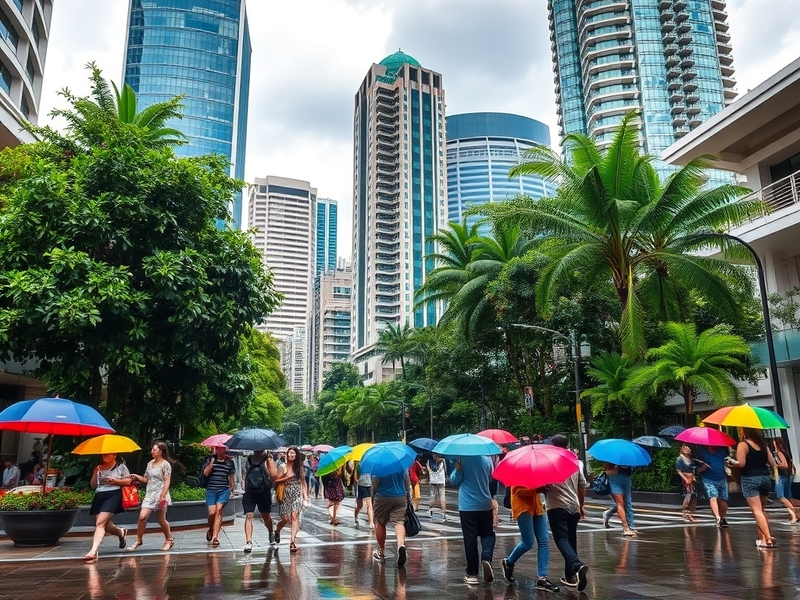 A panoramic view of Singapore's skyline under a partly cloudy sky, showcasing the lush greenery and urban architecture, captu